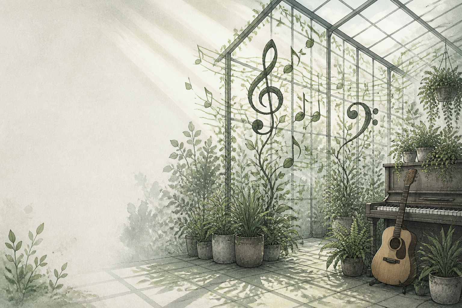 Illustration of a sunlit greenhouse where climbing vines grow into a treble clef and bass clef, with an acoustic guitar leaning against an upright piano among potted plants.
